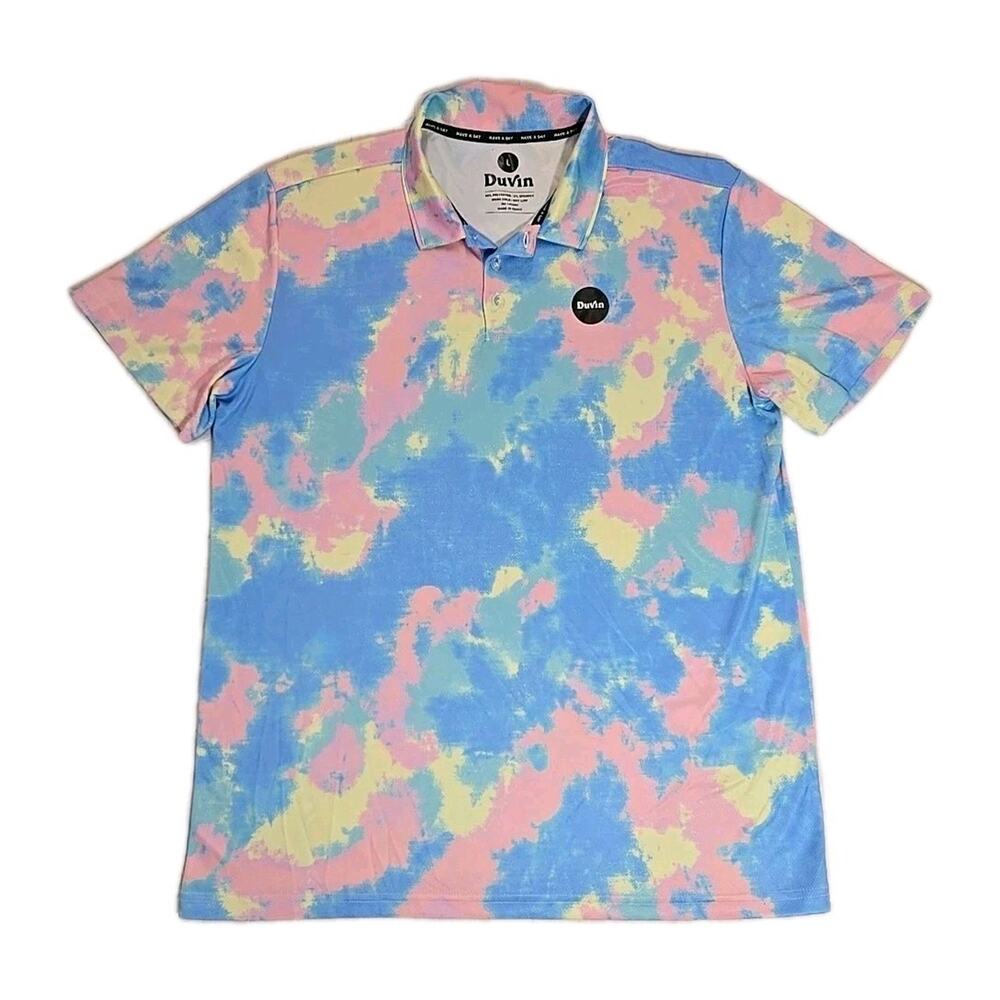 Duvin Mens Large Polo Shirt Pastel Tie Dye Short Sleeve Performance Stretch Golf